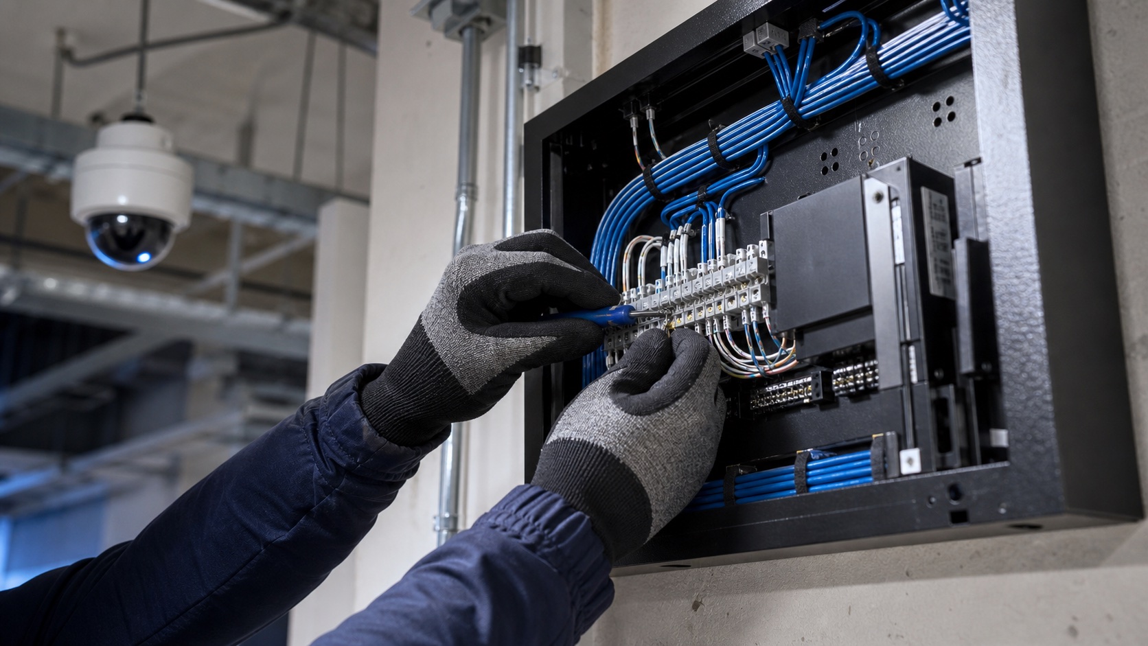 Illustrative technician terminating low-voltage security and access-control cabling