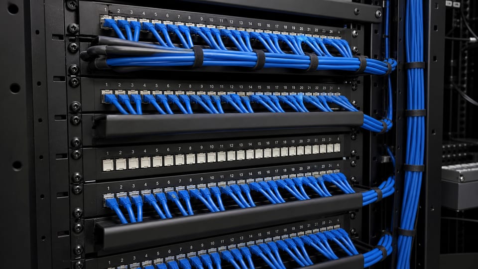 Illustrative organized Cat6 patch panels with dressed blue network cabling